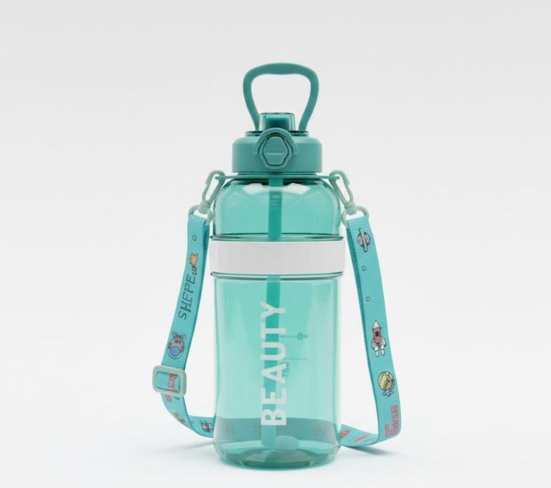 Пляшка Beauty для активного відпочинку з трубочкою та стильним ременем 1500 мл Блакитний (2862170630)