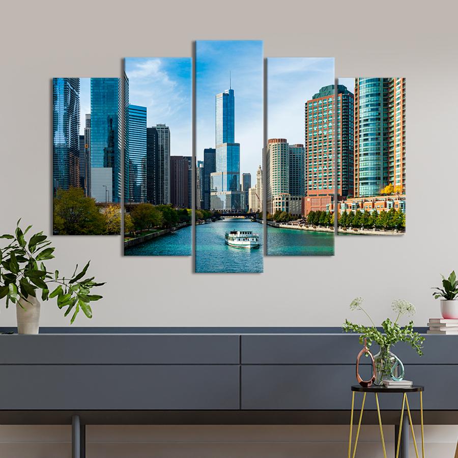 Картина город Река Чикаго на фоне городского пейзажа 137x85 см (A646-5)