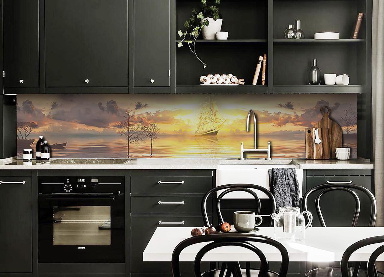 Кухонный фартук Солнечный корабль рассвет из самоклеющейся виниловой пленки 60х250 см Бежевый