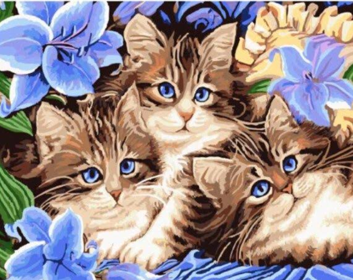 Алмазна мозаїка Три кошеня в квітах на полотні з підрамником 40х50 см (GA74041)