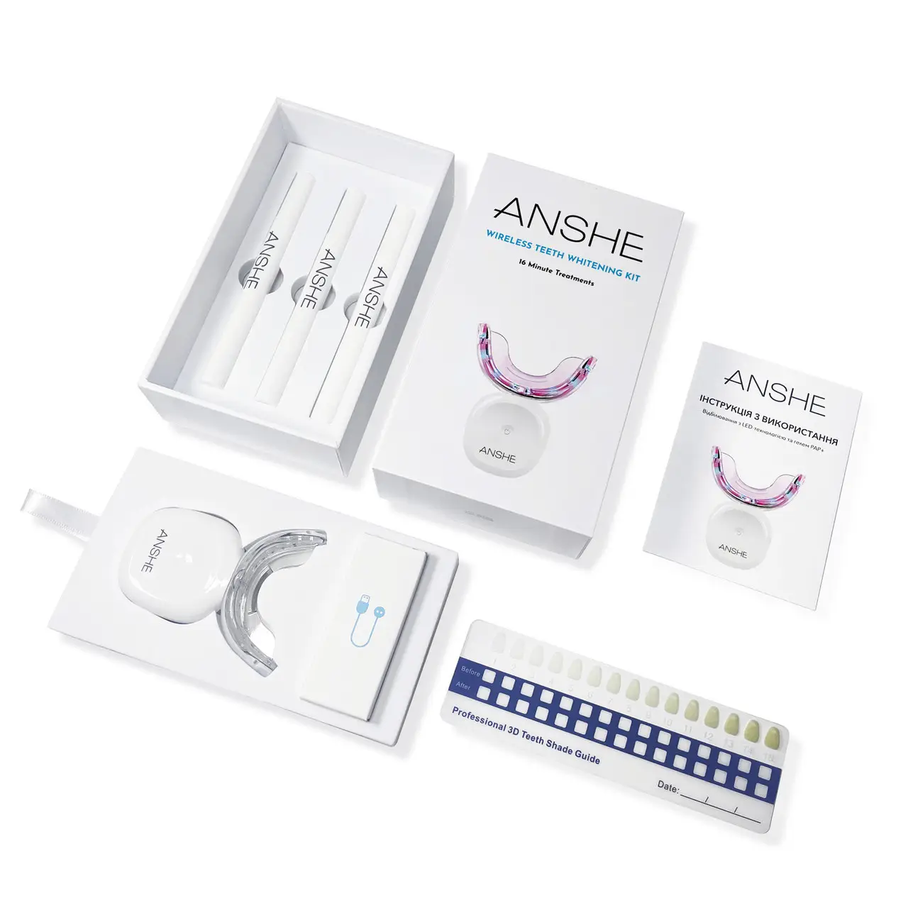 Набор ANSHE WHITE для отбеливания зубов PAP+ без перекиси LED-лампа/таймер 16 мин/подходит для чувствительной эмали/ в комплекте 3 карандаша и шкала