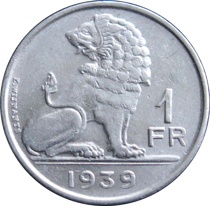 Коллекционная монета Бельгия 1 франк 1939 F-VF Лев (KM#119)