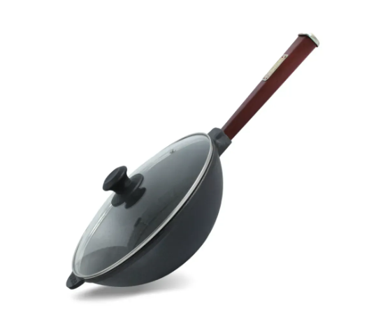 Сковорода чугунная Brizoll WOK с деревянной ручкой и стеклянной крышкой 2,8 л Bordo (W26HP2-6)