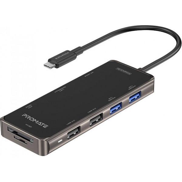 USB-C хаб 9в1 Promate PrimeHub-Go USB-C PD/HDMI/2xUSB 3.0/2xUSB 2.0/RJ45/SD/MicroSD Grey - фото 1