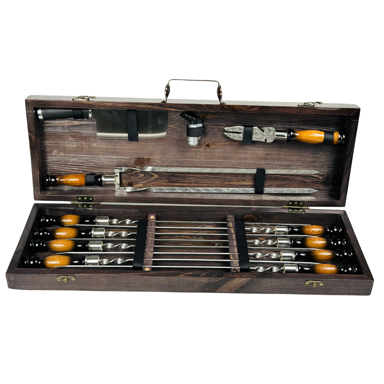 Набор шампуров из нержавеющей стали Орион в кейсе из дерева в кейсе с аксессуарами
