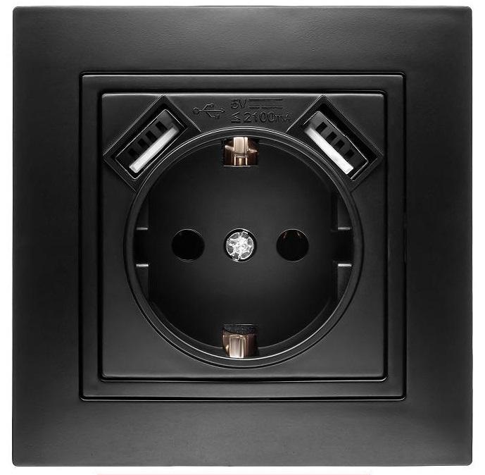 Розетка одноместная с заземлением и двумя USB портами MARSHEL ELEGANT RS16-372 Black
