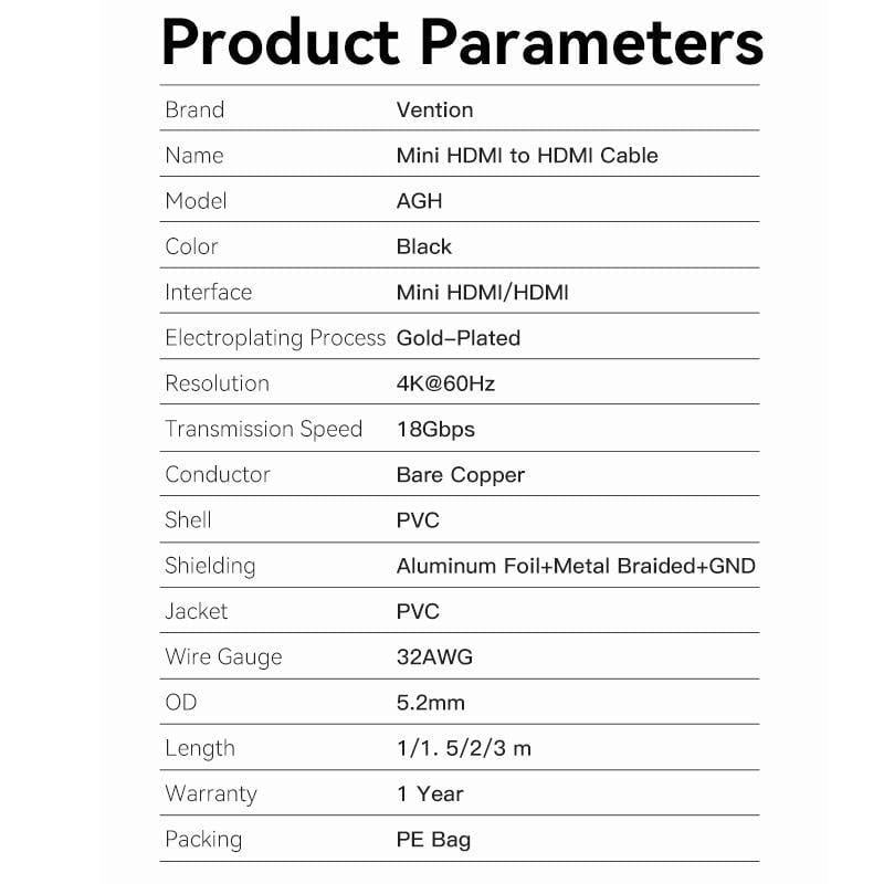 Кабель двунаправленный Vention mini HDMI-HDMI 2.0 4K 60Hz 18 Гбит/с HDR 3D Dolby 1080P 120Hz HDMI-C на HDMI-A 1 м Черный (AGHBF) - фото 7