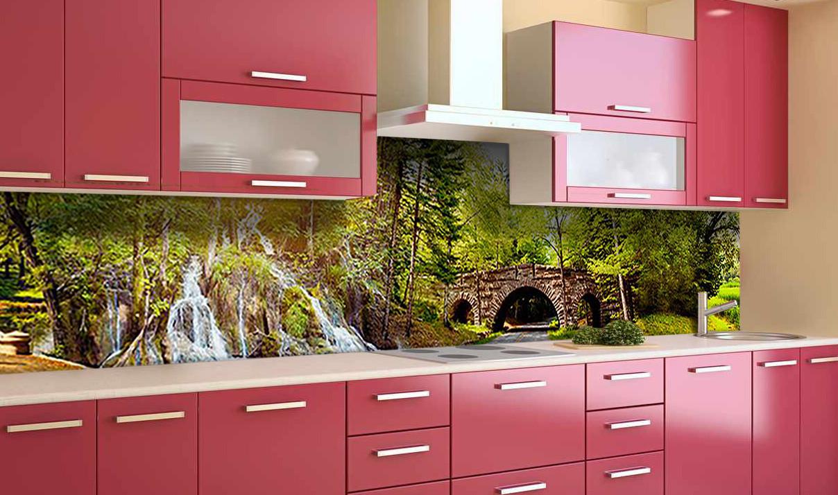 Кухонный фартук Лесной водопад деревья из самоклеющейся виниловой пленки 60х250 см Зеленый