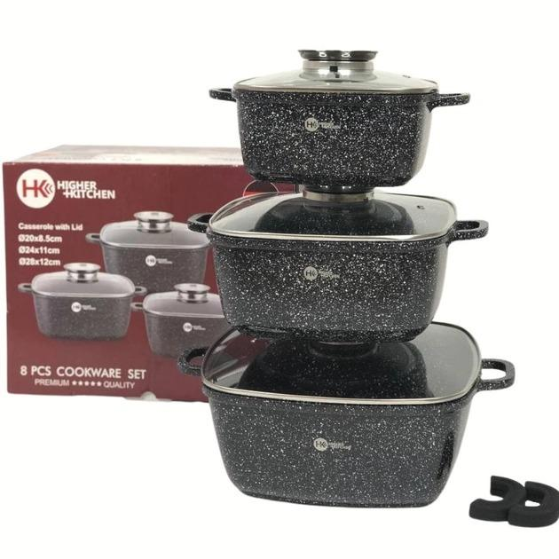 Набір каструль з гранітним покриттям Higher Kitchen HK-302 квадратні 6 пр. 2,7/4 5/6 7 л 20/24/28 см Набір каструль з гранітним покриттям Higher Kitchen HK-302 квадратні 6 пр. 2,7/4 5/6 7 л 20/24/28 см