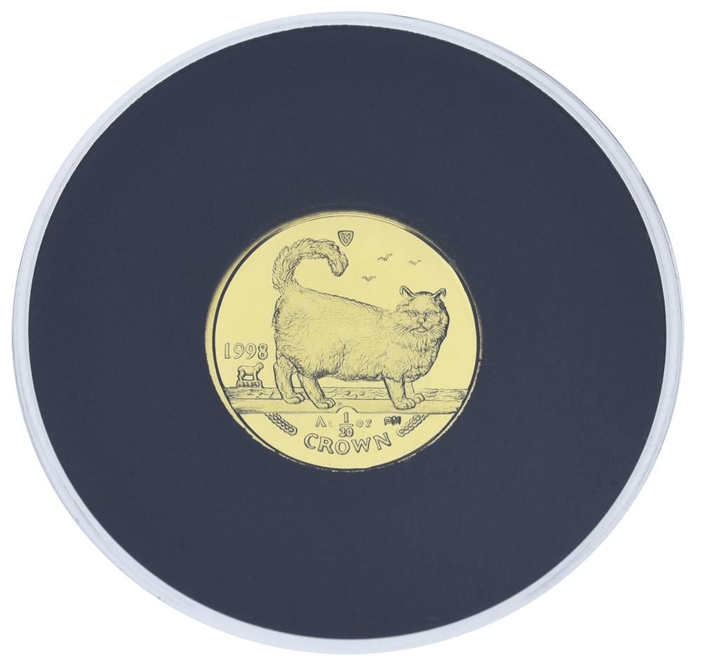 Коллекционная монета Остров Мэн 1 крона 1998/2008 золото Proof Кот Бирманская кошка 1/20 унции