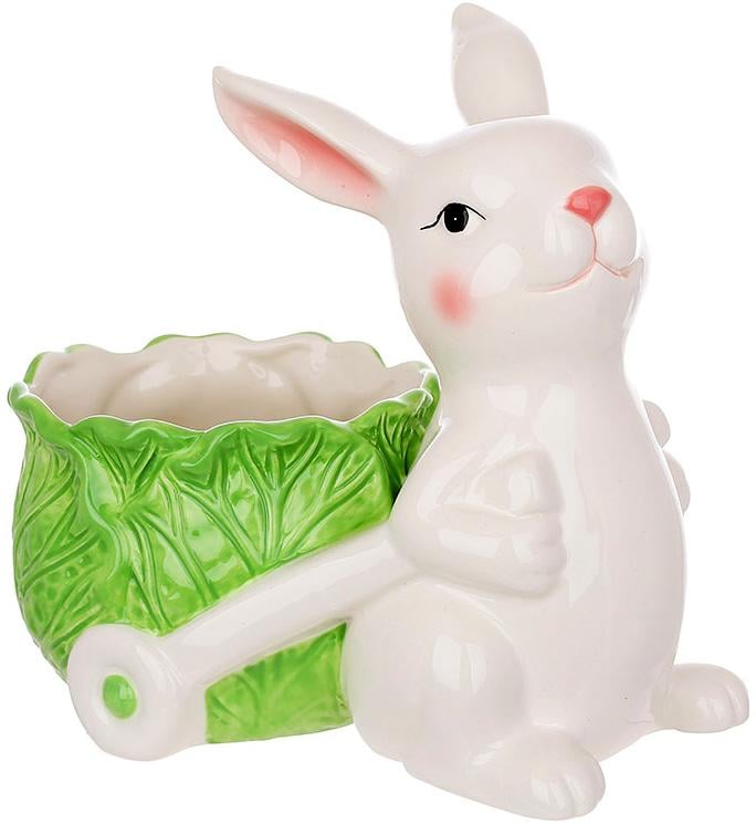 Кашпо керамическое декоративное зайка с капустой-тележкой 20,5х12,5х18,5 см Зеленый