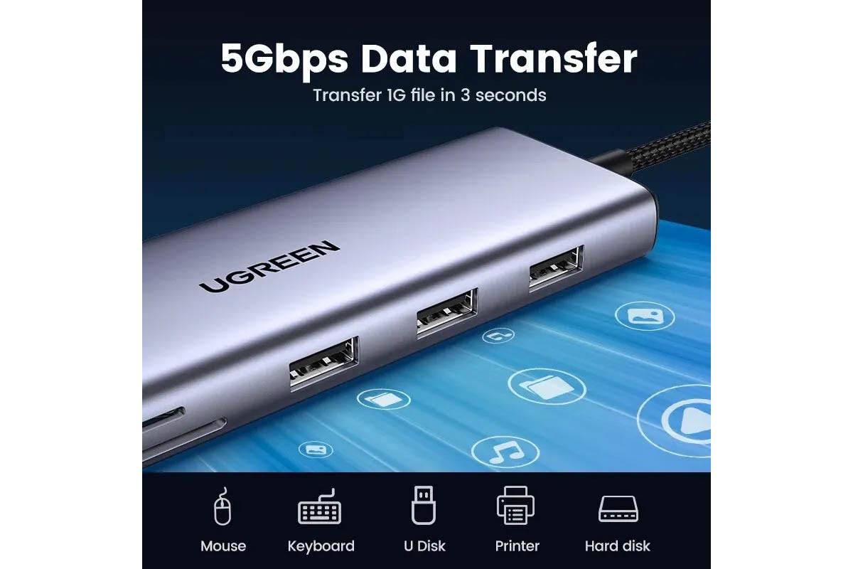 Концентратор UGREEN CM498 Type-C и 4K HDMI/VGA/RJ45/SD и TF/USB 3.0 PD 100W для MacBook HP Grey (15601) - фото 2
