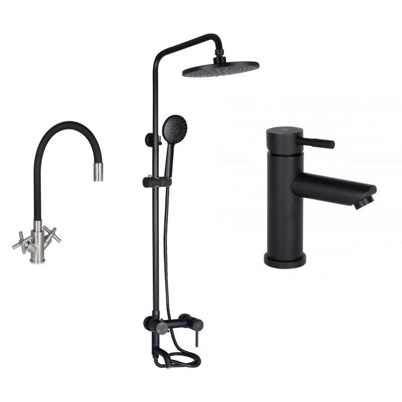 Комплект Lidz 3в1 душова система для ванни/кран на умивальник/кран для кухні Чорний (13524691)