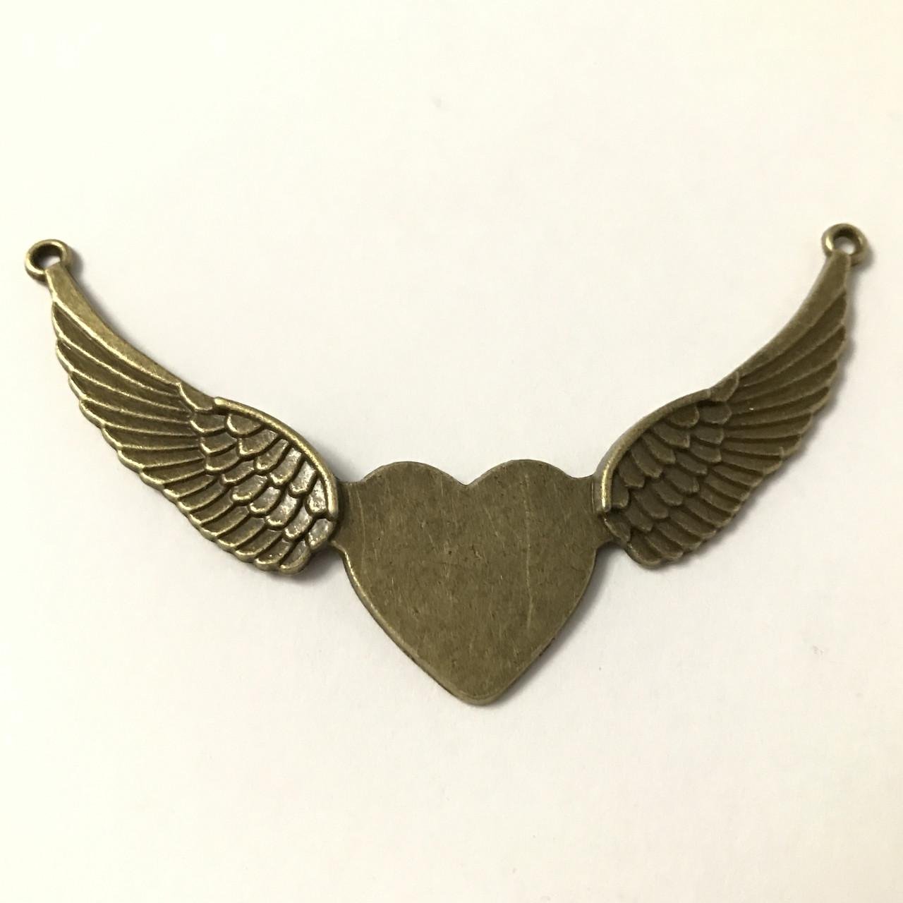 Подвеска фигурная металлическая Сердце с крыльями 9х6 см Бронзовый (476367721)