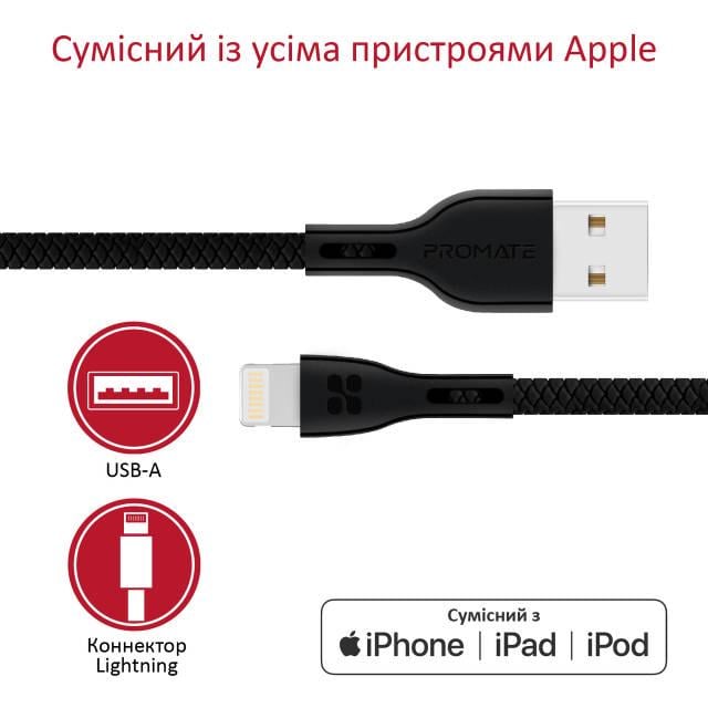 Кабель Promate PowerBeam-i USB/Lightning 2А 1,2 м Black - фото 7