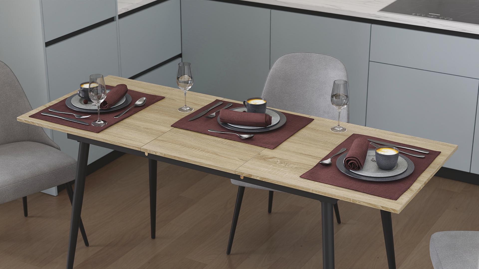 Обеденный стол раскладной Ferrum-decor Данди на конусных ногах металл/ДСП 16 мм 75x120/160x60 см Черный/Дуб Сонома (FRD-106772)