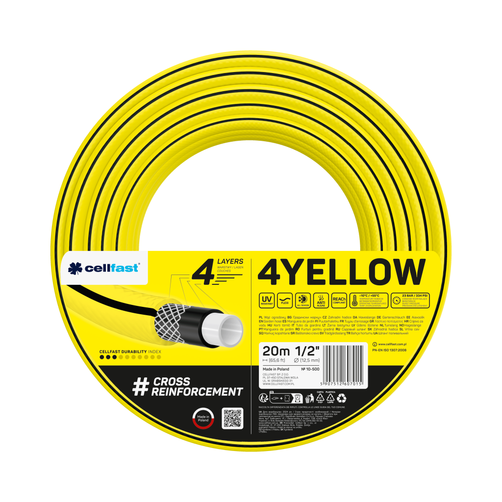 Поливочный шланг Cellfast 4YELLOW TSV 1/2" 20 м прочный/износостойкий/легкий и гибкий для ежедневного полива