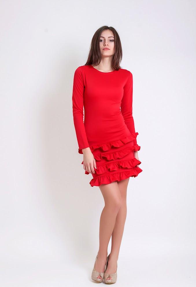 Платье мини прямое с воланами на длинный рукав Podium 21089-RED XS Красный