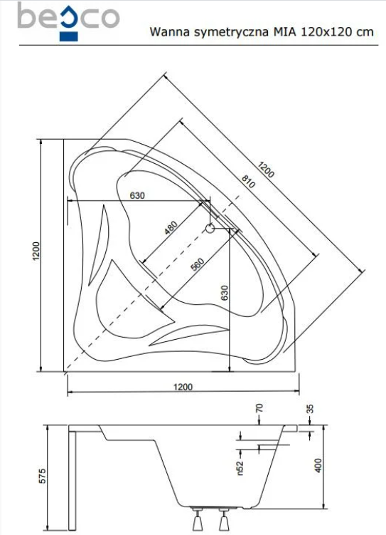 Ванна акриловая угловая Besco MIA 120x120 см (1145140493) - фото 2 Ванна акриловая угловая Besco MIA 120x120 см (1145140493) - фото 2