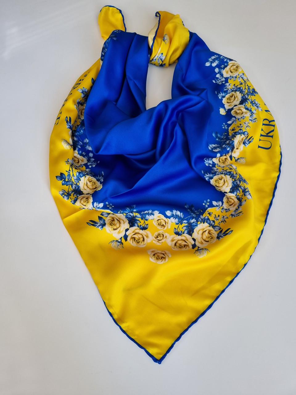 Платок женский патриотический шелковый Розы Ukraine 90х90 см Сине-желтый