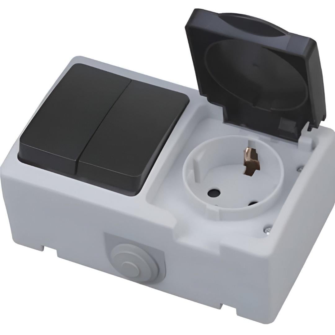 Розетка с заземлением HOROZ ELECTRIC ATOM с крышкой и выключателем 2-клавишным (112-100-0005-010)