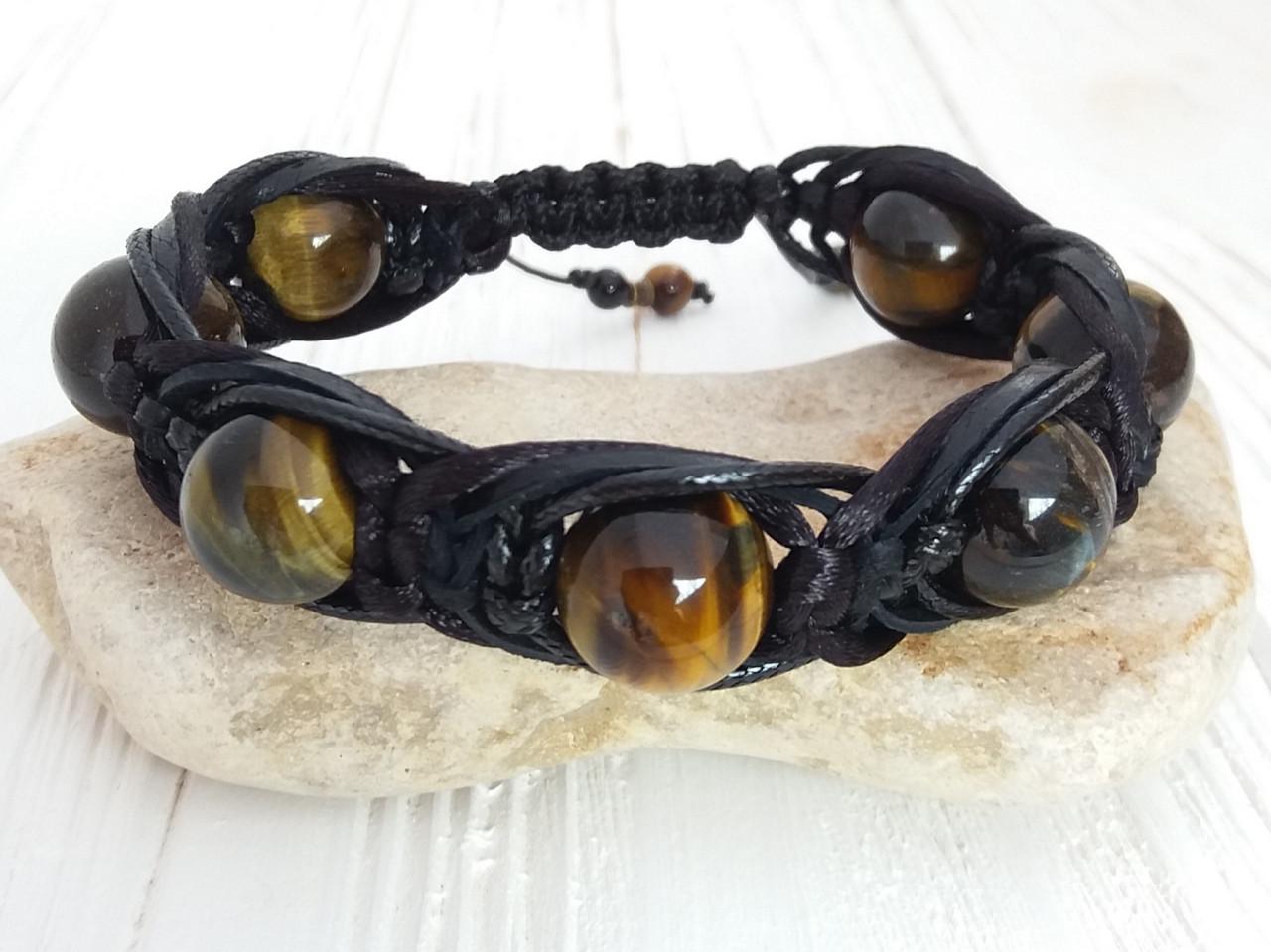 Браслет плетеный мужской с Тигровым глазом d 12 мм (1710291998)