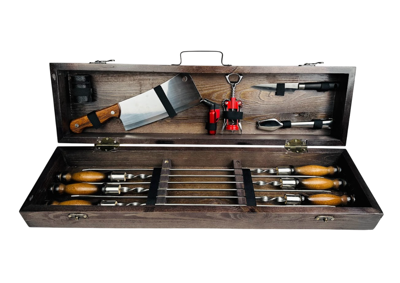 Подарочный набор шампуров ручной работы Лайт 17 пр. из нержавеющей стали 74х20х14 см Коричневый (124-10-KS-7710)