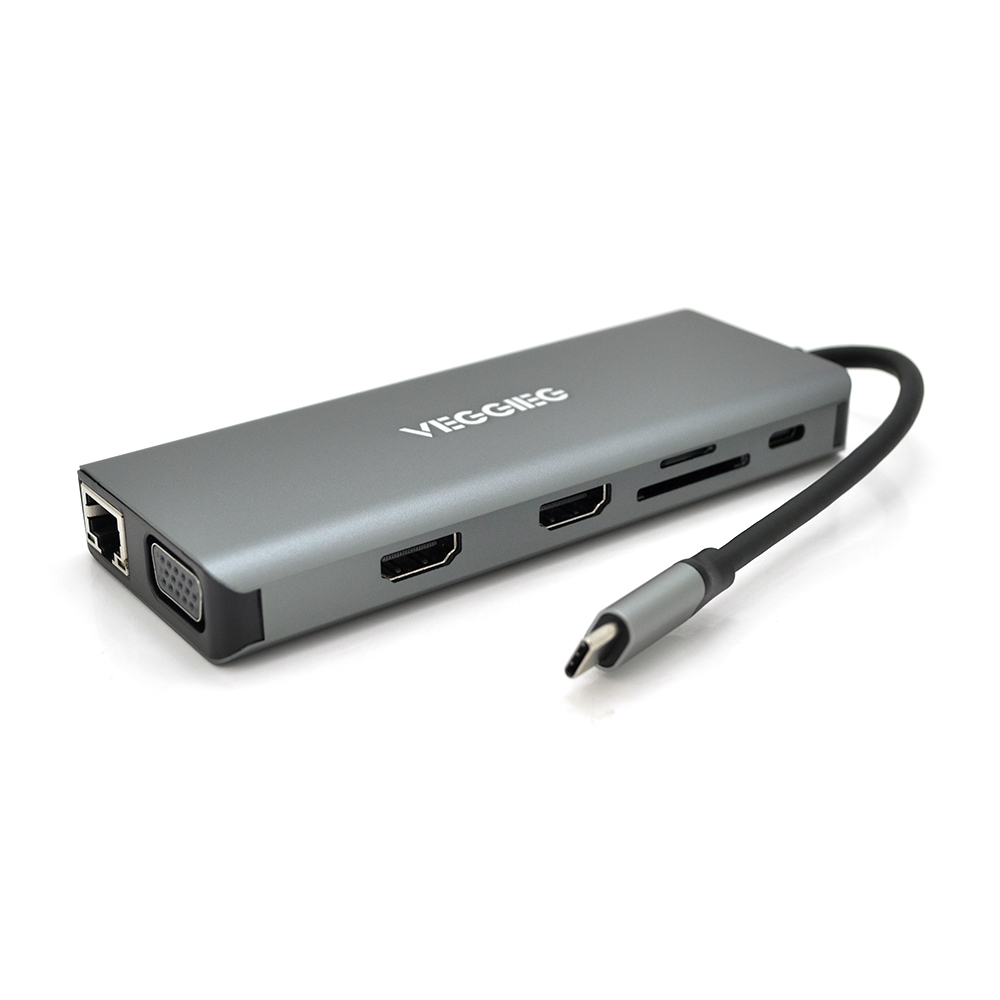Хаб-конвертор Veggieg TC12 Type-C USB3.0 HDMI VGA RJ45 10 см Серебристый (19911)