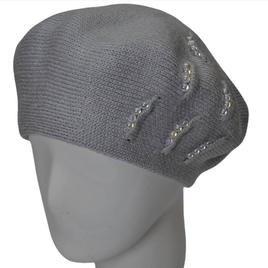 Берет женский Lirus Вишня из шерсти двойной с бусинами Серо-голубой