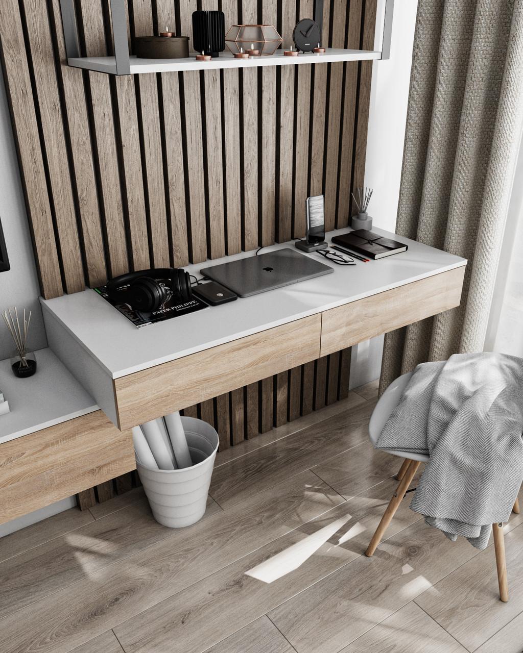 Навесной компьютерный стол на 2 ящика Белый/Дуб Сонома (T-222)