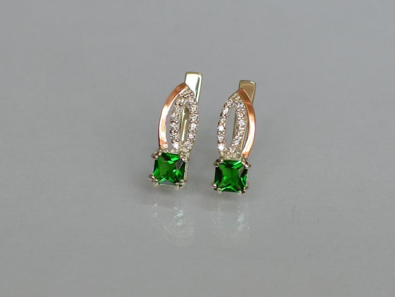 Серебряные серьги Sil с золотыми вставками 136s-1 Зеленый (Sil-1235)