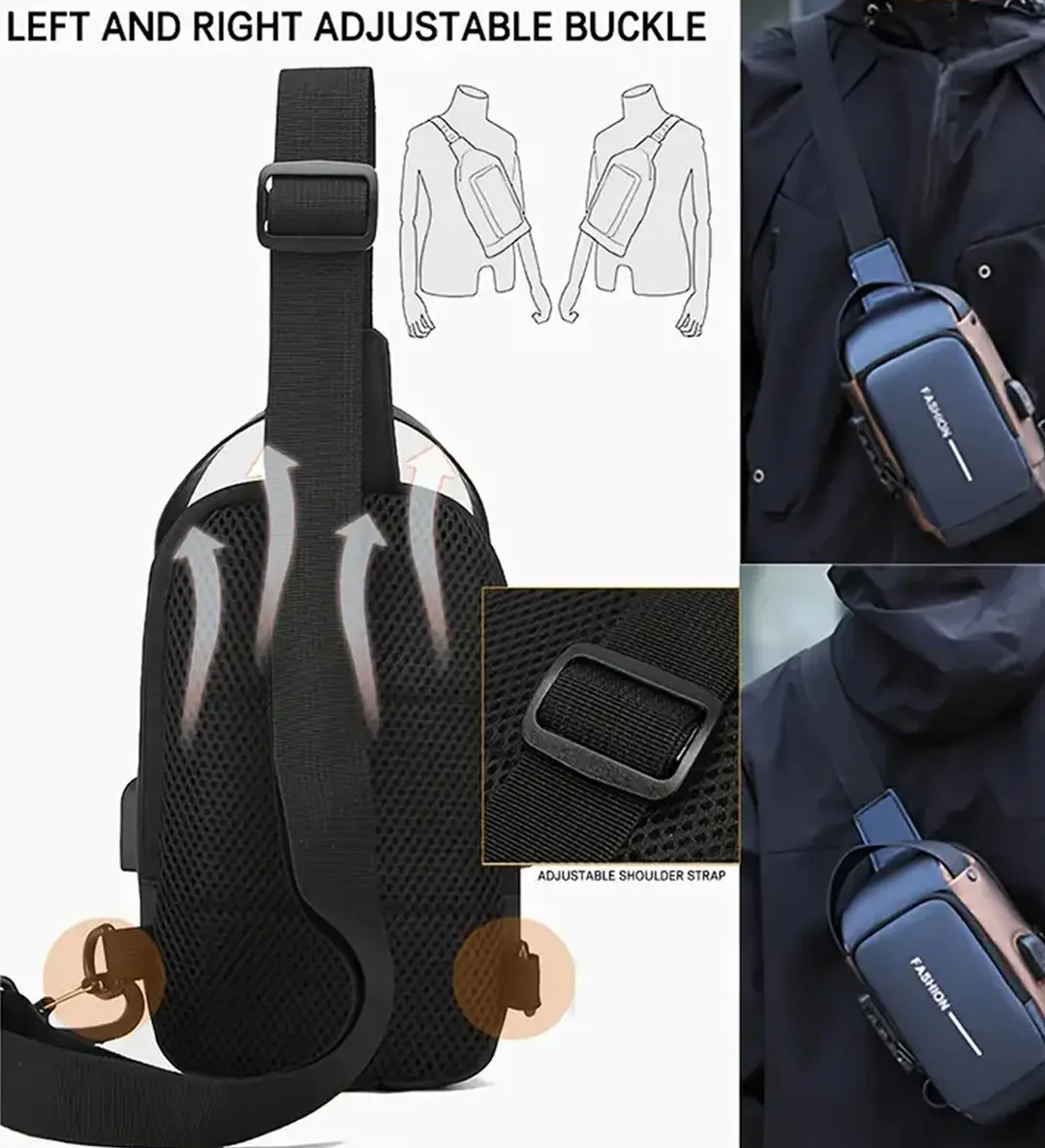 Сумка нагрудна чоловіча водонепроникна USB Чорний з коричневим (29697215) - фото 3 Сумка нагрудна чоловіча водонепроникна USB Чорний з коричневим (29697215) - фото 3