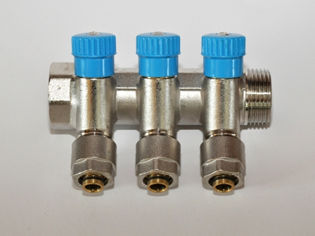 Колектор з кранами Aqua-World 3 виходи 3/4x16 мм розбірний фітинг Pexal Blue (ТК208-3С)
