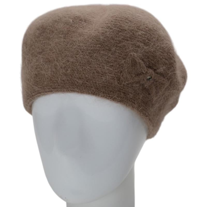 Берет женский двойной ангоровый Novita Ангел с аккуратным не большим бантом One Size Темно-бежевый (312445)