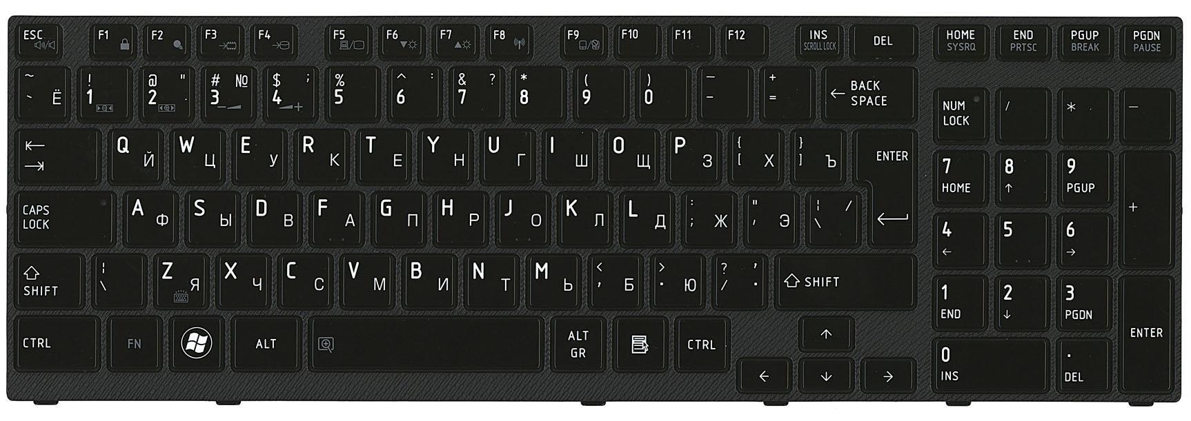 Клавиатура для ноутбука Toshiba Satellite A660 A665 с подсветкой Light Black Frame Black Клавиатура для ноутбука Toshiba Satellite A660 A665 с подсветкой Light Black Frame Black