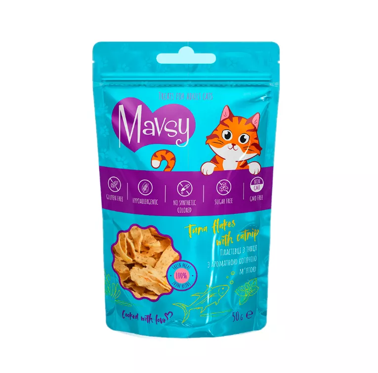 Ласощі для котів Mavsy Tuna flakes with catnip for cats пластівці з тунця з ароматною котячою м'ятою 50 г (13501974)