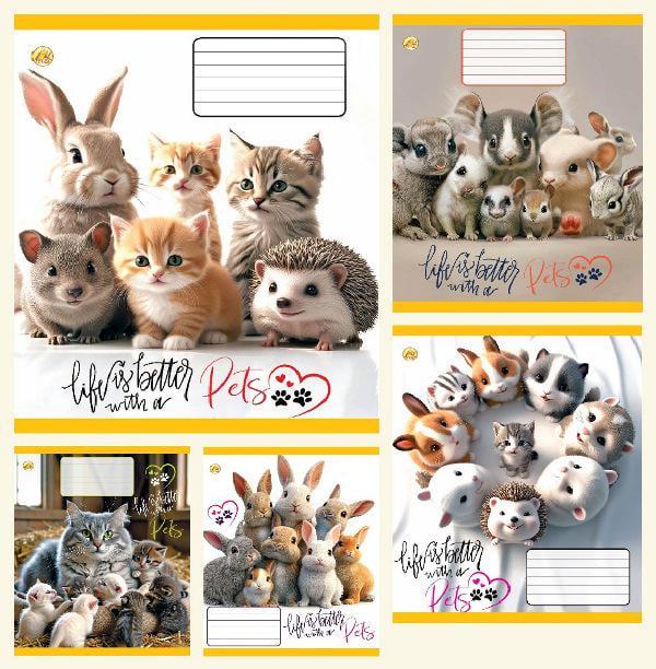 Зошити учнівські Тетрада Pets в клітинку тверда палітурка 12 арк. 25 шт. (MTT-199146)
