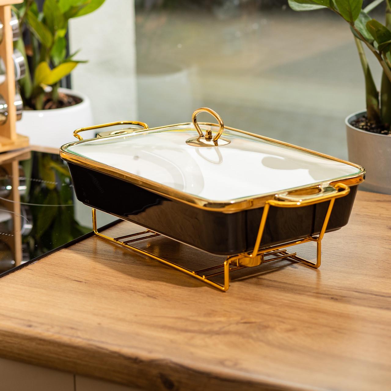 Мармит фарфоровый со стеклянной крышкой на металлической подставке 40х22,5х15,5 см 2 л Черный