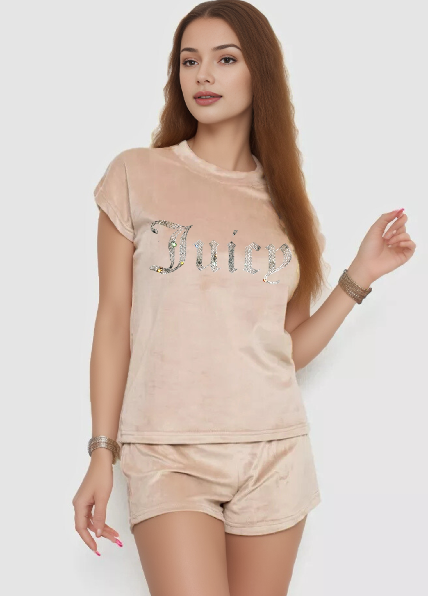 Піжама жіноча велюрова Juicy футболка/шорти XL Beige (7612) - фото 2