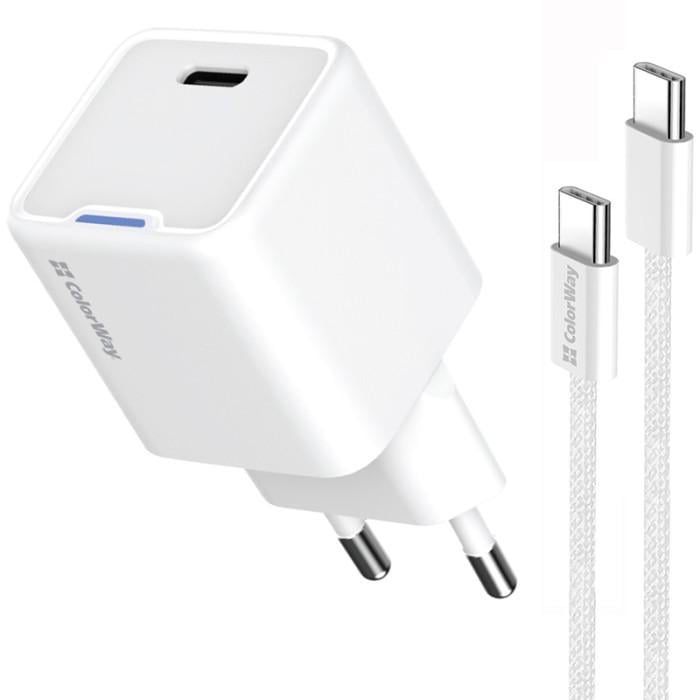 Зарядное устройство сетевое ColorWay GaN Mini CW-CHS056PDC-WT 35W с кабелем USB-C USB-C PD 3.0/QC 4.0 PPS White