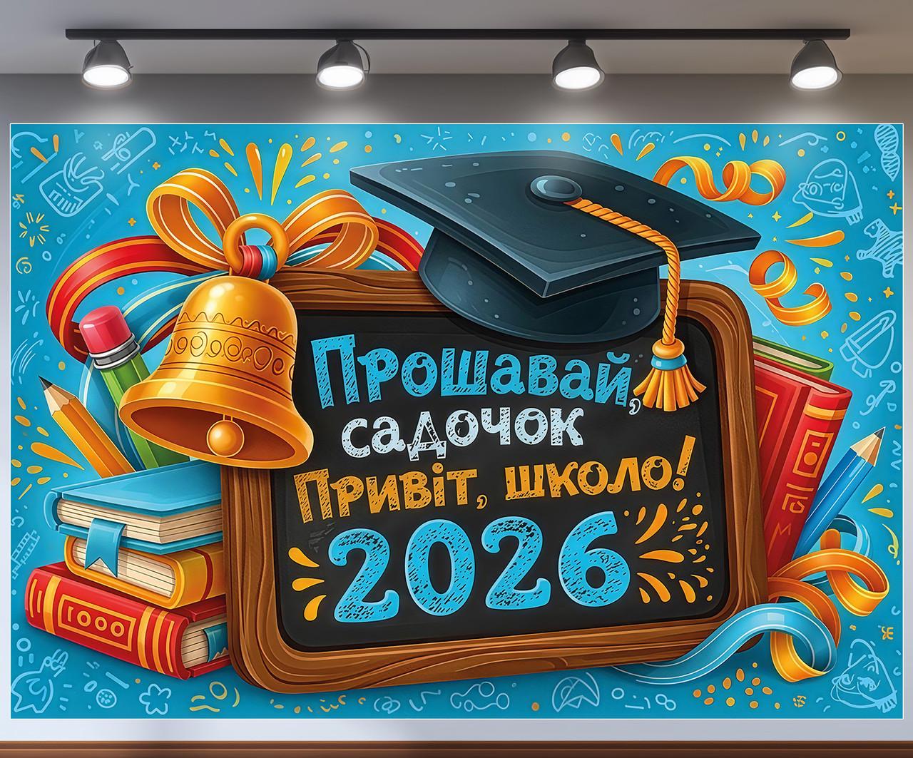 Баннер для фотозоны "Прощавай садок Привіт школо 2026" академическая шапка и книги 180x120 см