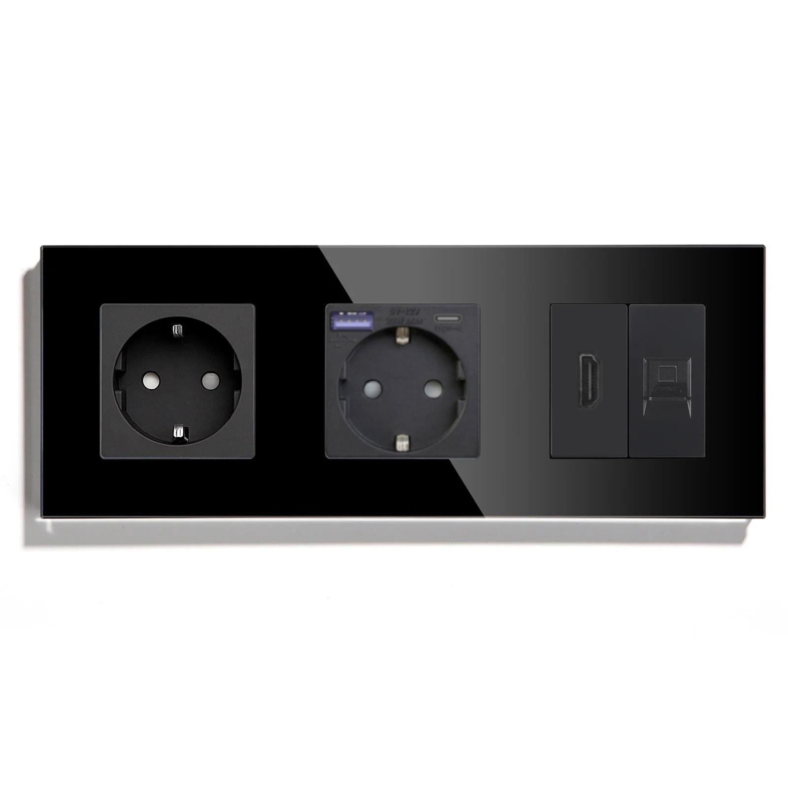 Розетка LUXION с USB 20Вт HDMI/интернет RJ-45 с заземлением/шторками 250В 16А стеклянная рамка Черный (LX-M3FGACHDMICAT6-BK)