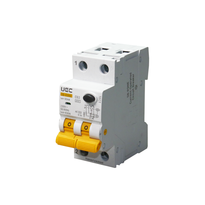 Дифференциальный выключатель UEC SB-R9NE 2P 63А 30мА 6кА тип АС (RCBO60-2-063-C-030-AC)