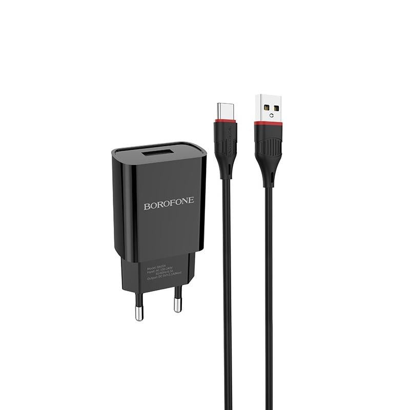 Зарядний пристрій мережевий з кабелем Borofone BA20A Sharp single port charger set Type-C 10.5W Black (6931474702142)