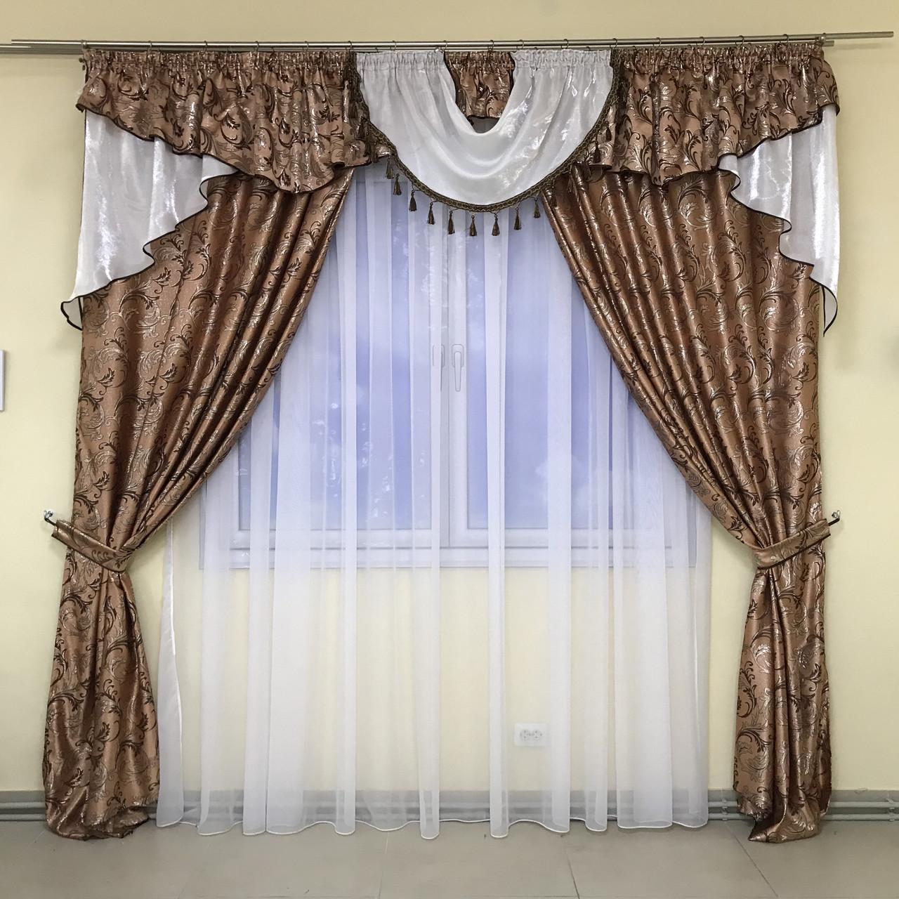 Готовые шторы жаккардовые 150х270 см 2 шт. с ламбрекеном 300 см ALBO Коричневый