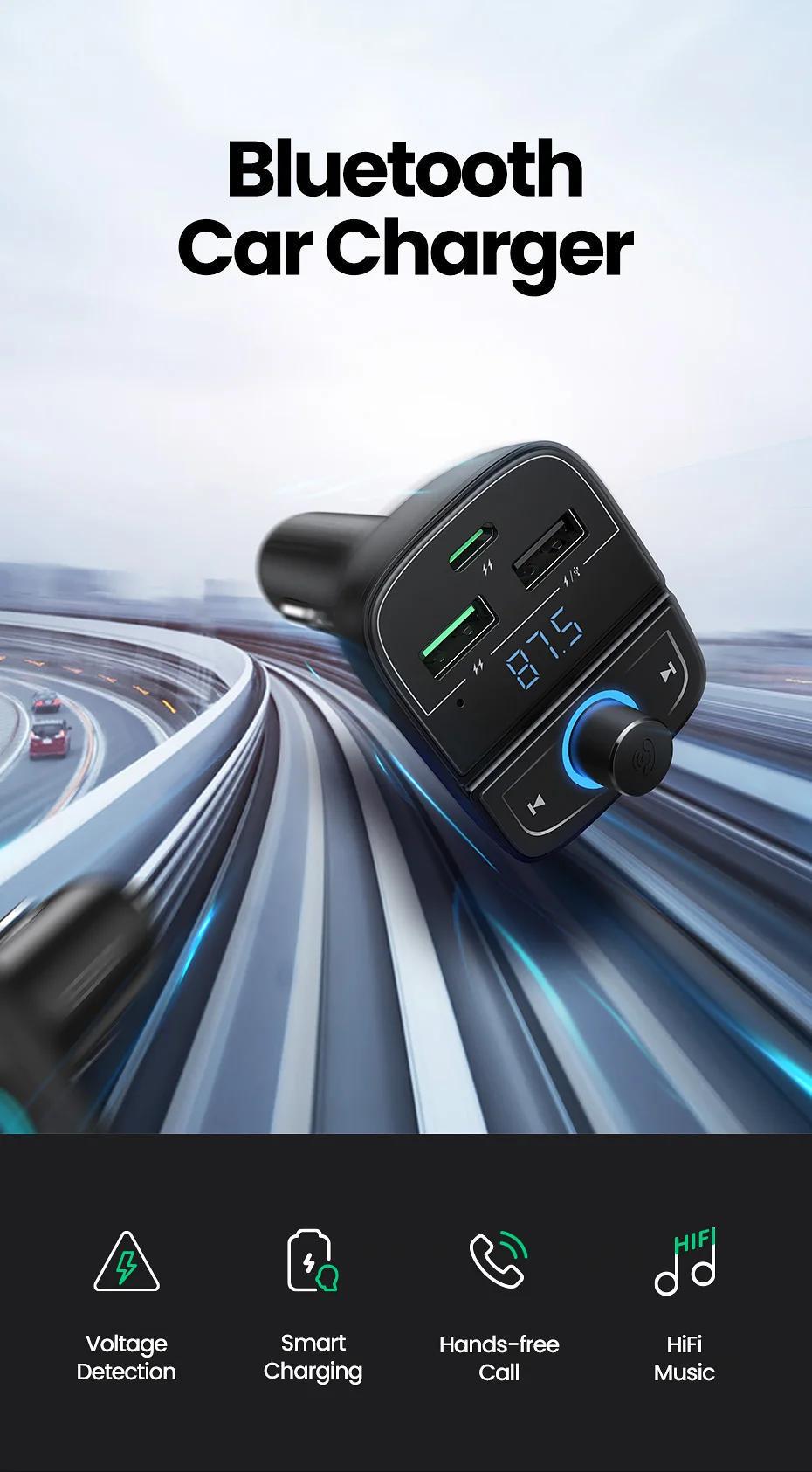 Адаптер UGREEN Bluetooth 5.0 FM-передатчик радио 2x Type-C/1x USB-A QC/PD 3.0 Hand-Free Черный (80910) - фото 2