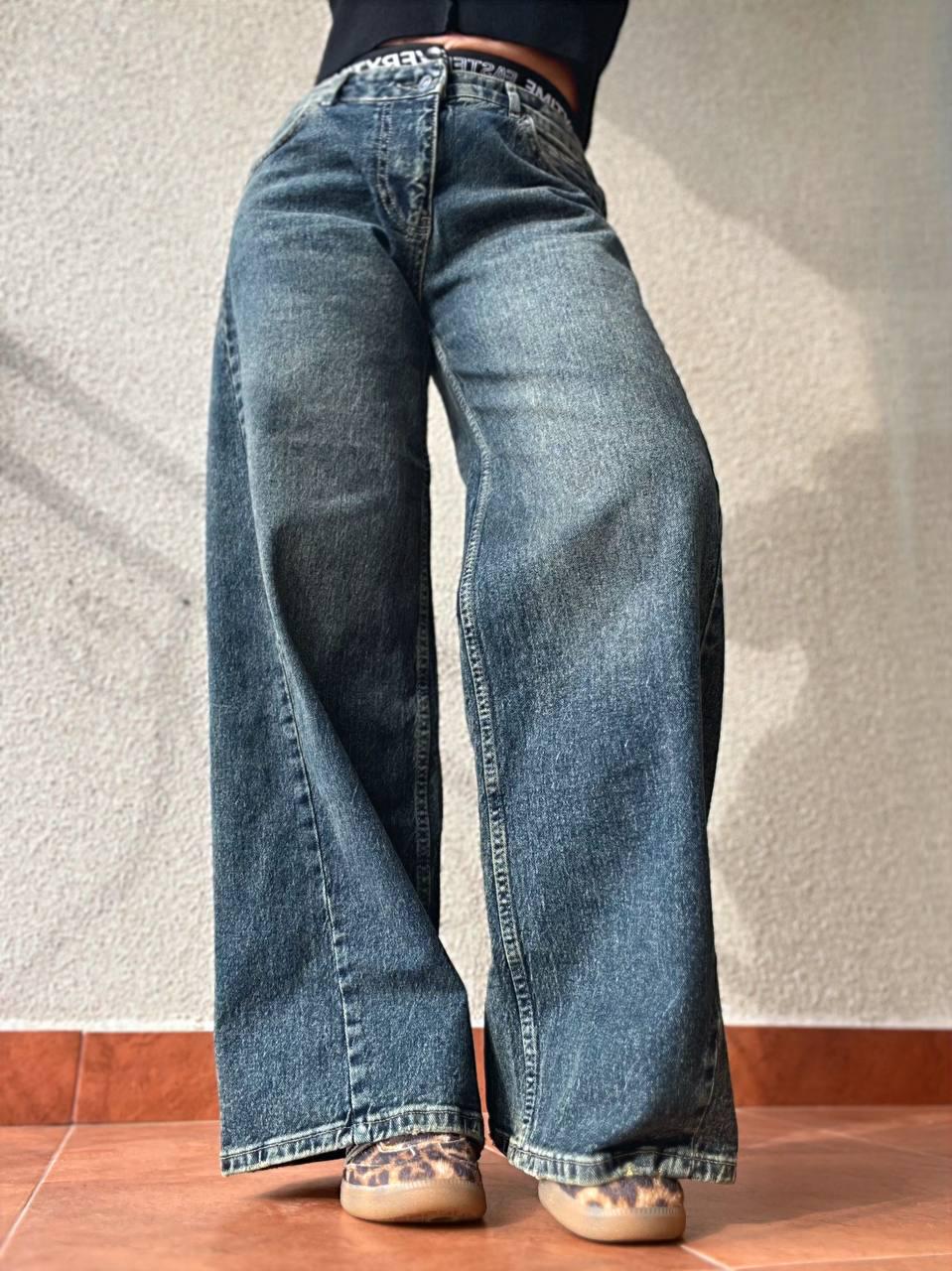 Джинсы женские I8 55526 Palazzo широкие резинка на талии с надписью палаццо косой шов р. 38 Синий с зеленым (2716) - фото 3 Джинсы женские I8 55526 Palazzo широкие резинка на талии с надписью палаццо косой шов р. 38 Синий с зеленым (2716) - фото 3