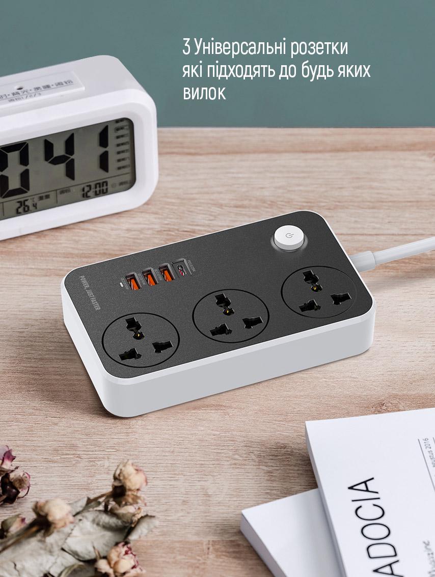 Фильтр-удлинитель сетевой СolorWay 3 розетки/4USB Black (Type-C PD20W + 3USB QC3.0) - фото 7