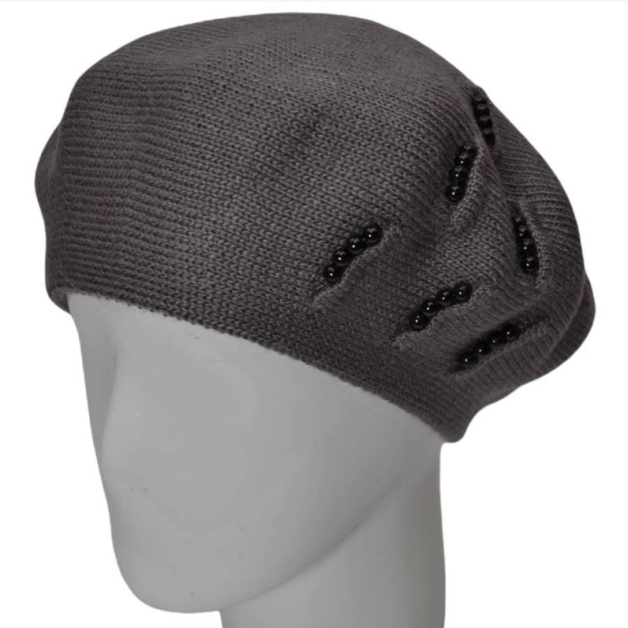 Берет женский Lirus Вишня из шерсти двойной с бусинами Темно-серый
