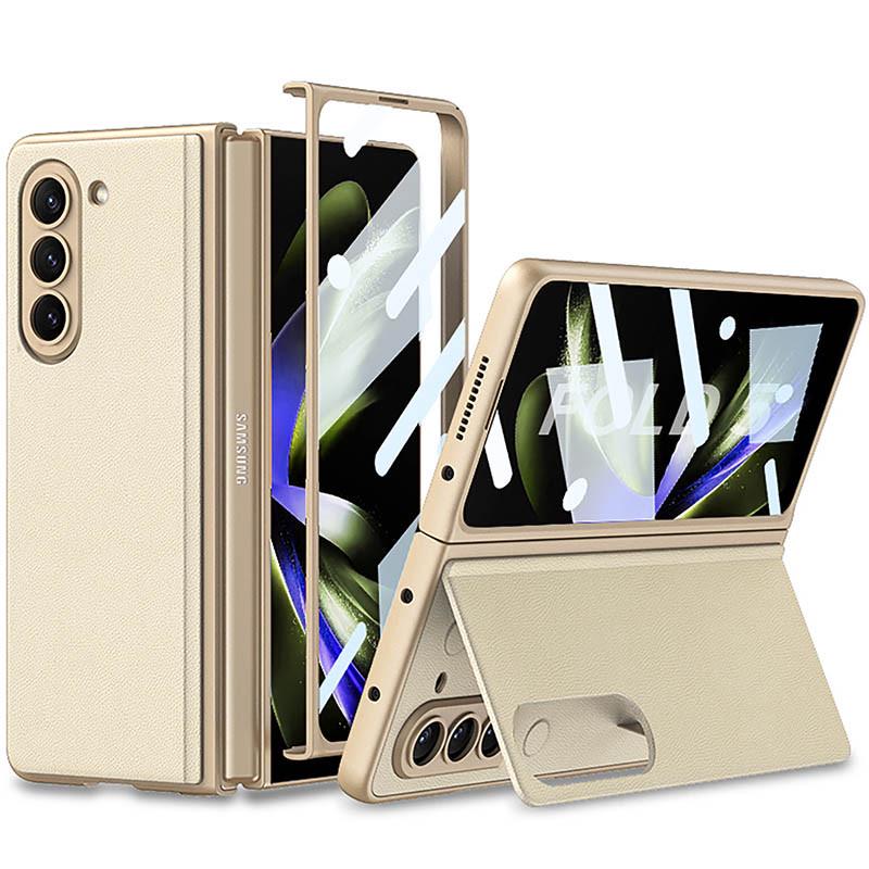 Противоударный кожаный чехол GKK 360 + Glass с подставкой для Samsung Galaxy Z Fold5 Champagne